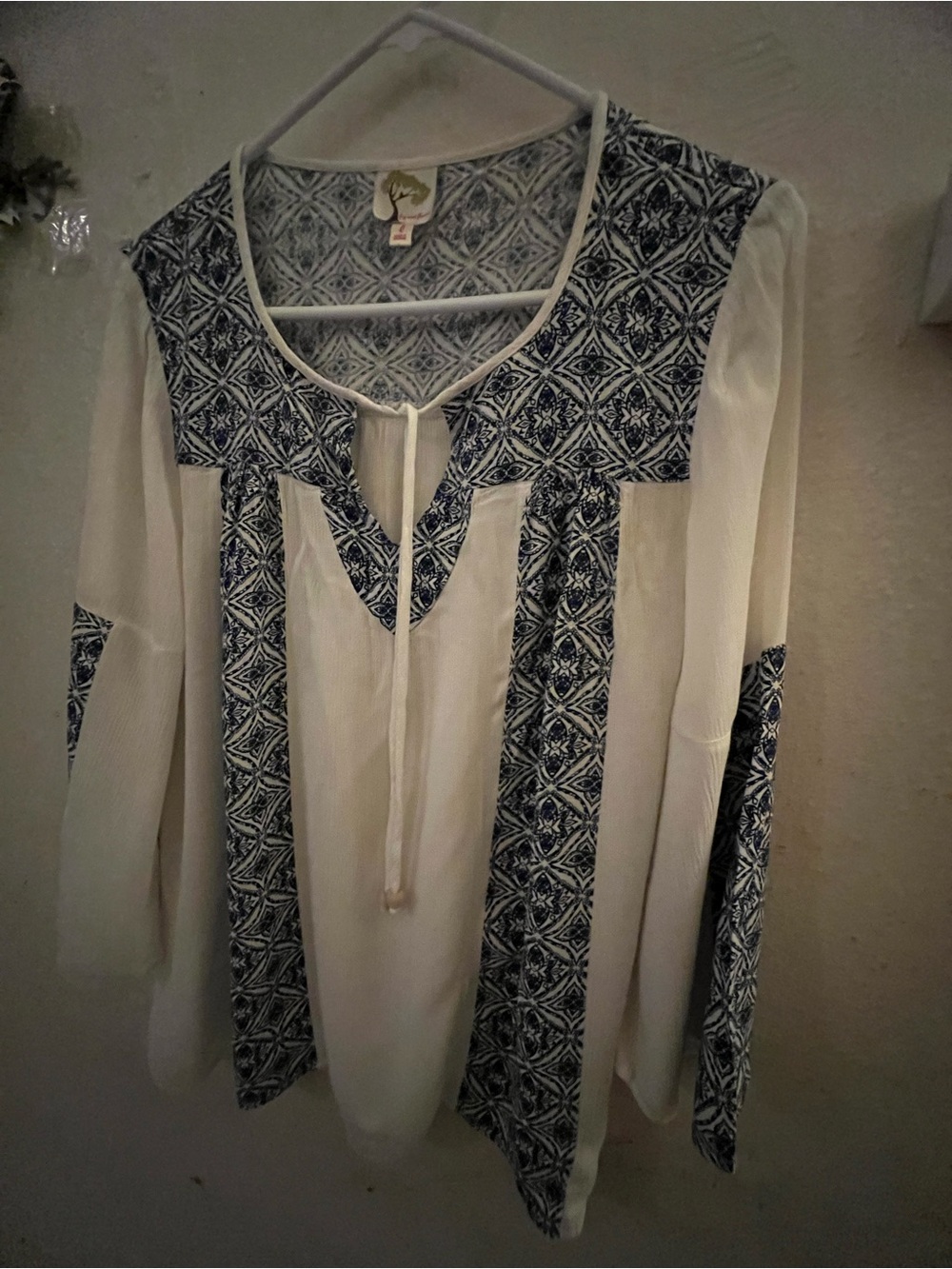 Boho Embroidered White and Navy Peasant Blouse
